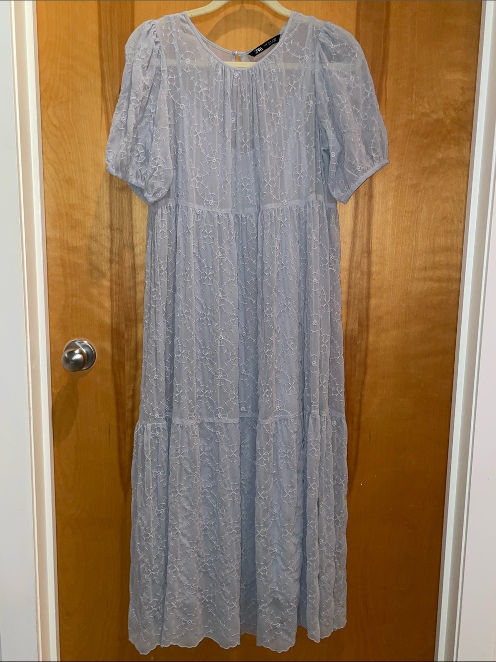 Romantic Lavender sheer, embroidered tiered midi-dress